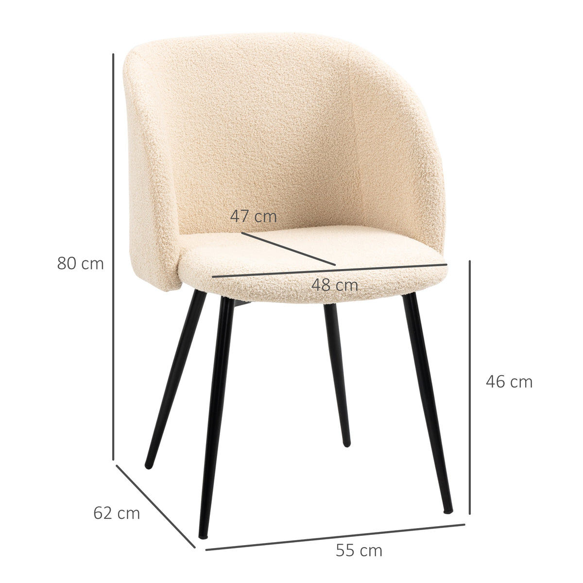 HOMCOM 2er-Set Esszimmerstühle, Polsterstühle mit Stoffbezug, Küchenstühle mit Stahlbeinen, gewölbte Rückenlehne, Cremeweiß