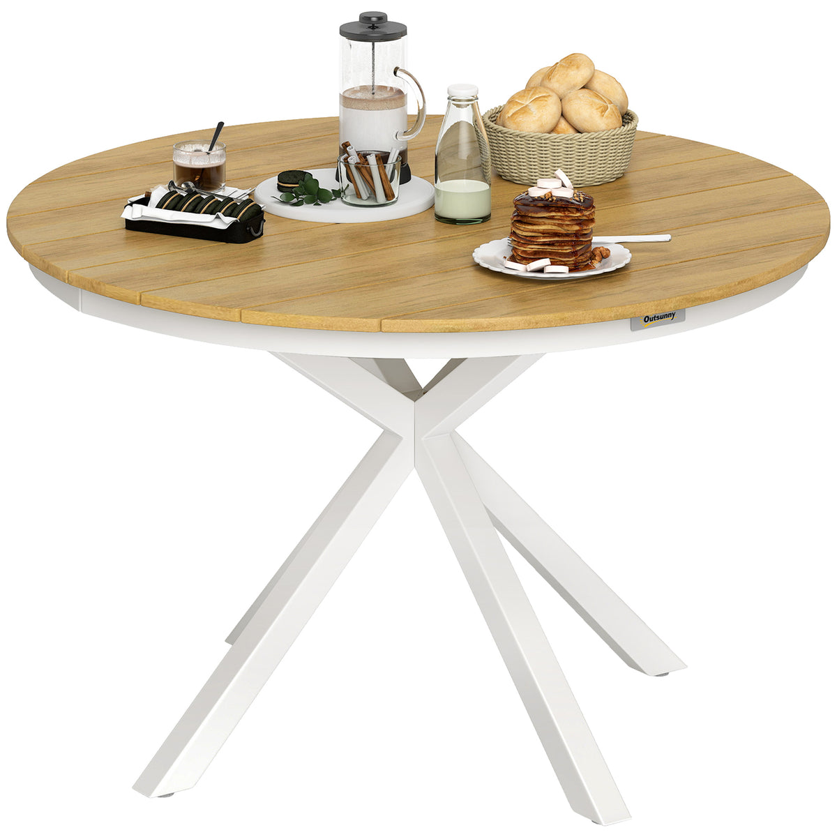 Outsunny Gartentisch Ø118cm, Wetterfest Balkontisch aus Aluminium, Beistelltisch mit Kreuzbeine Lattendesign Teak