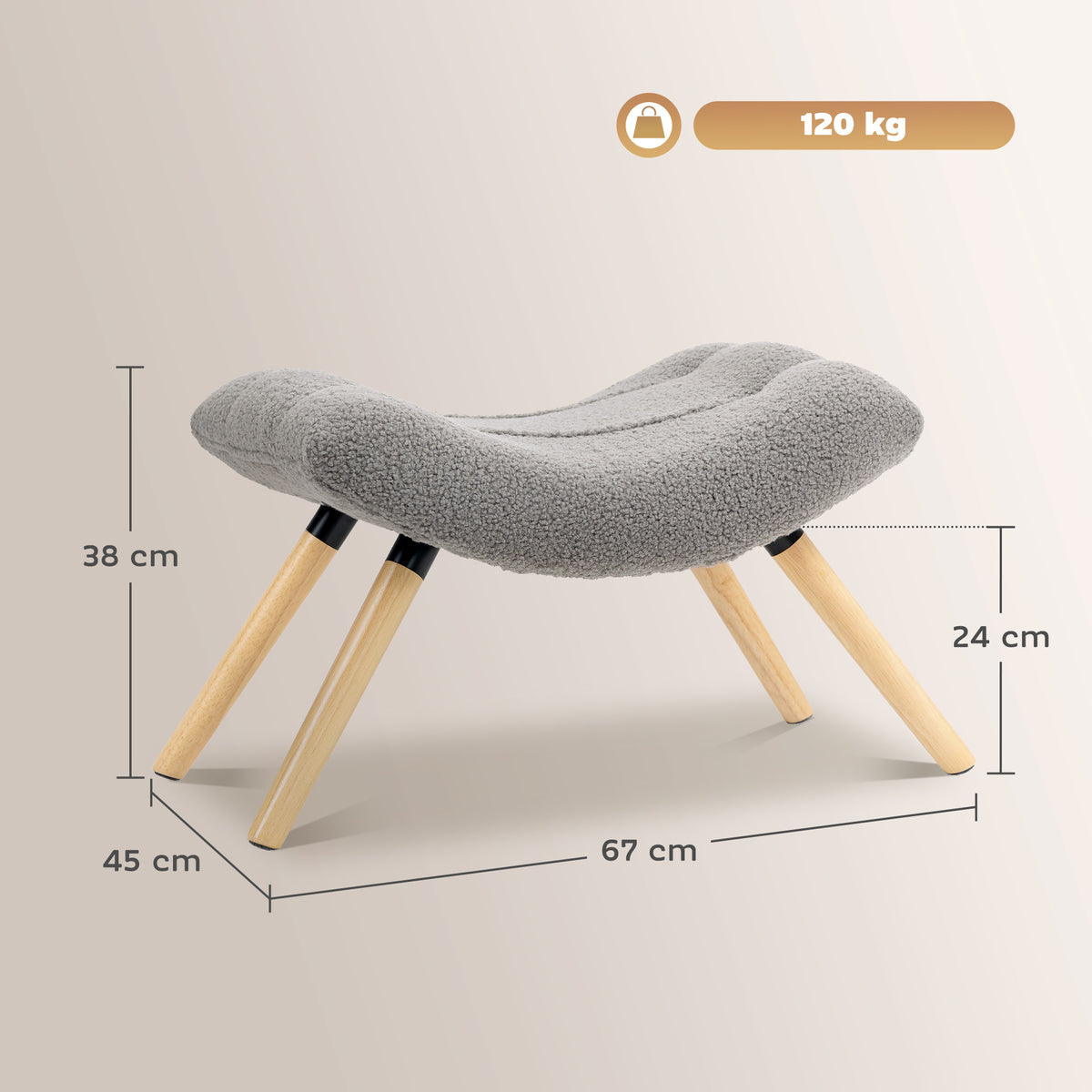 HOMCOM Moderner Fußhocker mit Fleece-Bezug und Holzbeinen, gepolstert, für Wohnzimmer, Schlafzimmer, Flur, Hellgrau