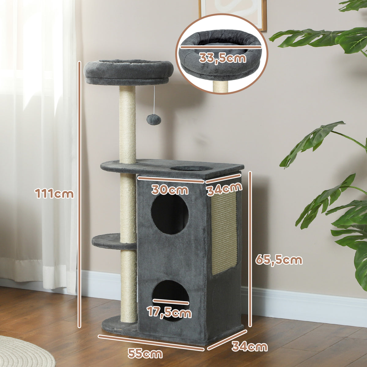 PawHut Katzenbaum für den Innenbereich, 111 cm, Kratzbaum mit Katzenbett, Sisal-Kratzpfosten, Spielball, Sprungplattform, Grau