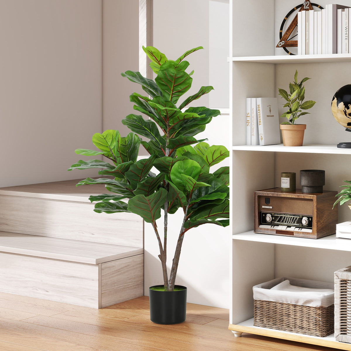 HOMCOM Künstliche Geigen-Feigenbaum 110cm Kunstpflanze, Plastik Künstliche Pflanzen im Topf, Dekoration Geschenk