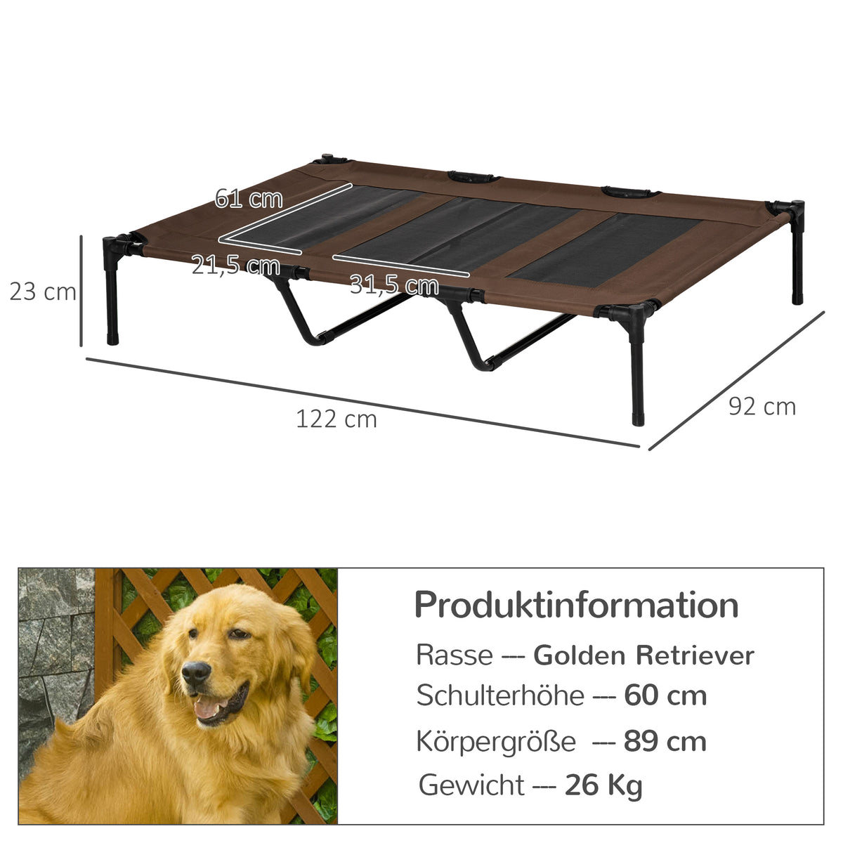 PawHut Hundebett, faltbar, Outdoor-Hundebett, erhöhter Stand, 122 cm x 92 cm x 23 cm,  Kaffee-Braun + Schwarz