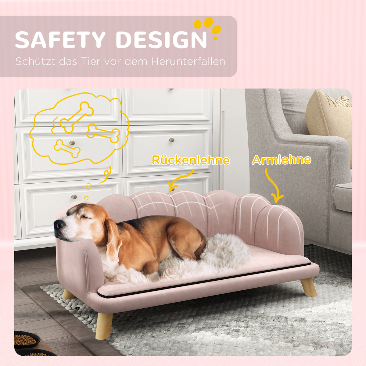 PawHut Haustiersofa für mittelgroße und große Hunde bis 25 kg, robustes Holz, gepolstert, Rosa