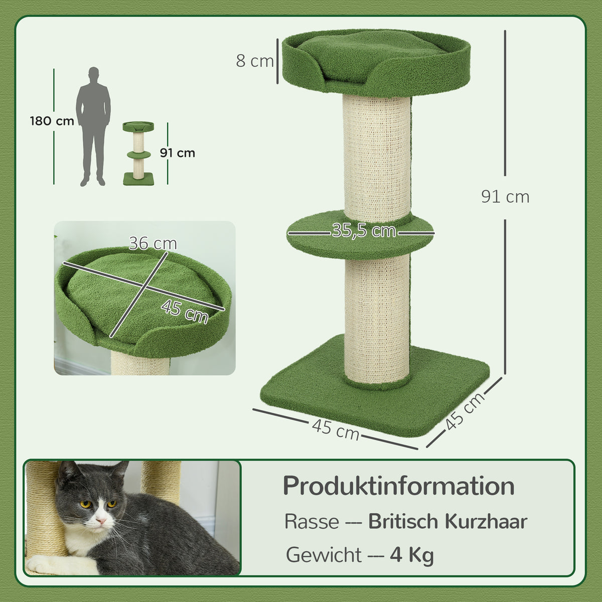 PawHut Katzenbaum  91cm Spielbaum mit Katzenbett, Plattform Lammwolle Grün