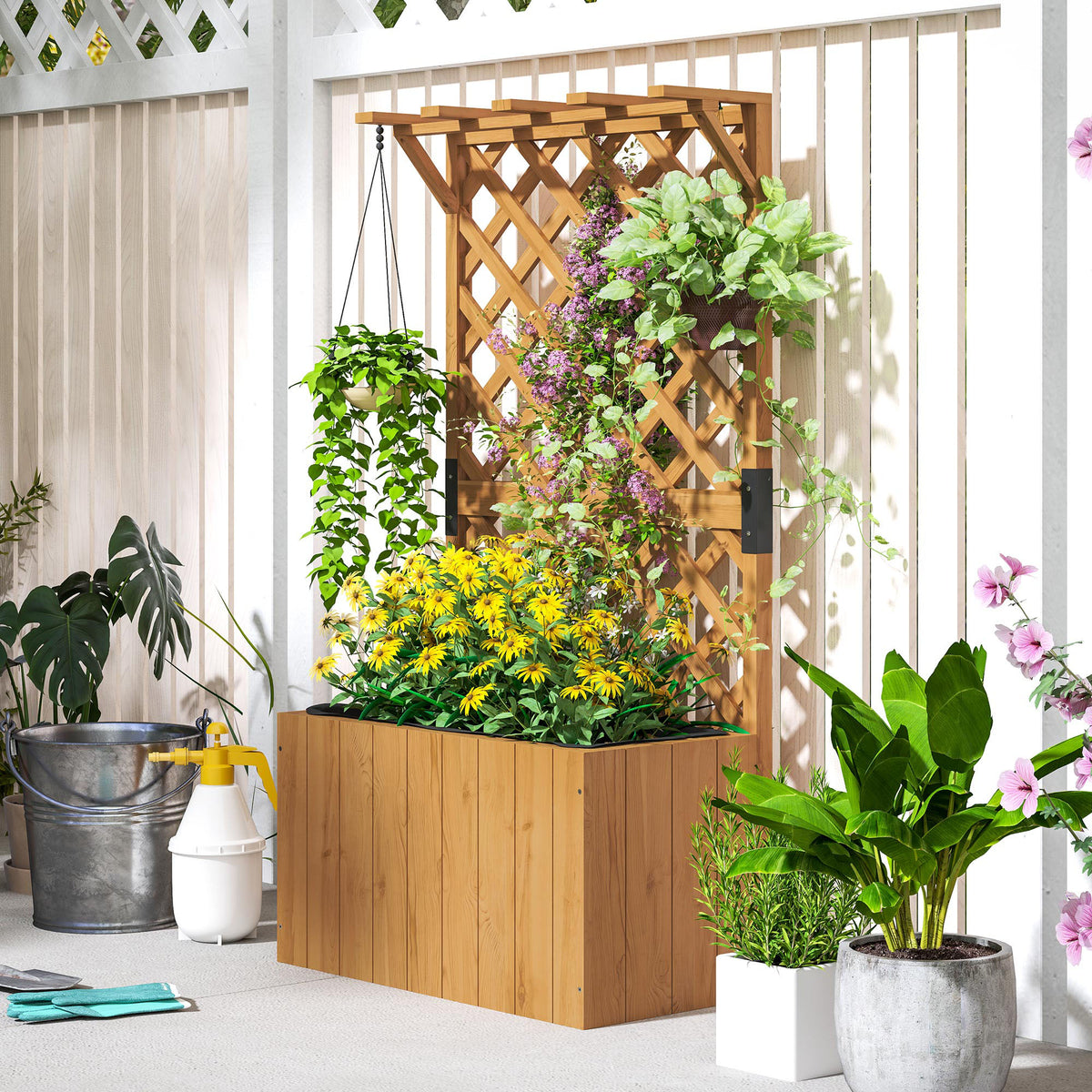 Outsunny Hochbeet Pflanzkasten mit Rankgitter, Spalier Pflanzkübel Blumenkasten Holz, Gartenspalier 64 x 33 x 122cm Naturholz