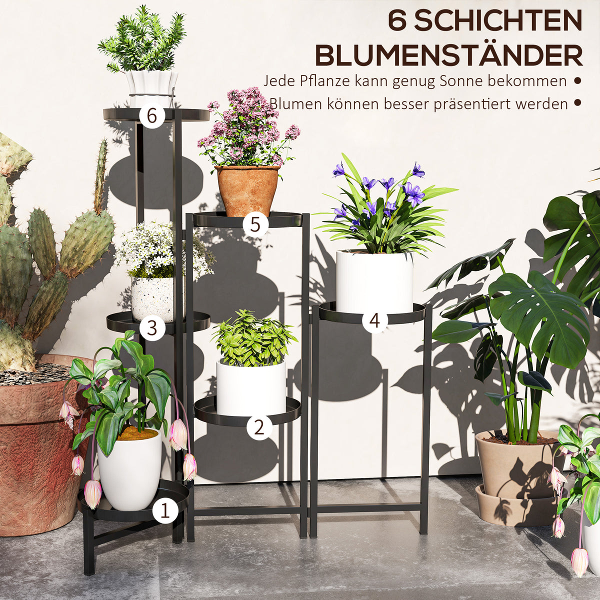 Outsunny Blumentopfständer, Pflanzenständer mit 6 verstellbaren runden Ebenen, Eckständer für Pflanzentöpfe, Metall, Schwarz