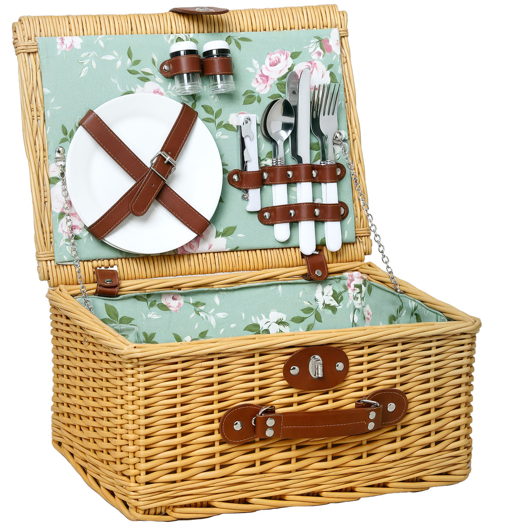Outsunny Picknickkorb aus Weide für 2 Personen mit Tellern, Gläsern, Korkenzieher und Besteck, 40x30x20 cm, Hellbraun