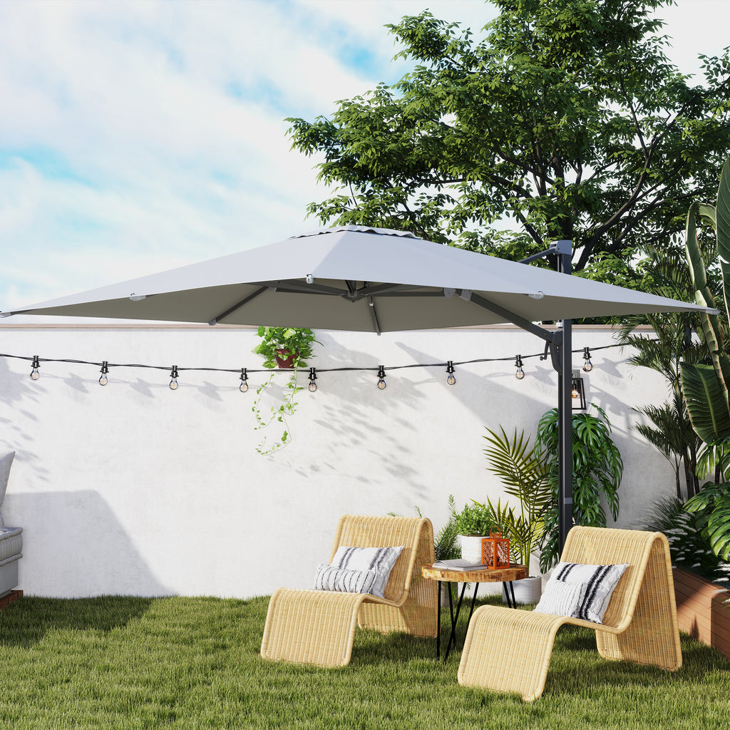 Outsunny Alu Ampelschirm 3 x 3 m 360° drehbar Sonnenschirm mit Kurbel Ständer Windschutz Hellgrau