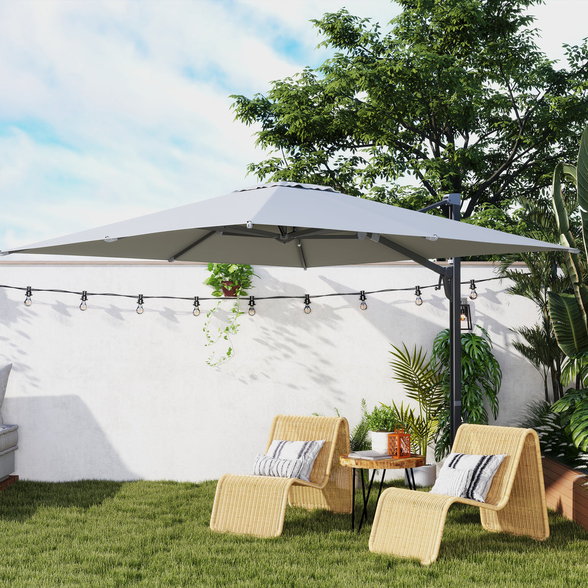 Outsunny Alu Ampelschirm 3 x 3 m 360° drehbar Sonnenschirm mit Kurbel Ständer Windschutz Hellgrau