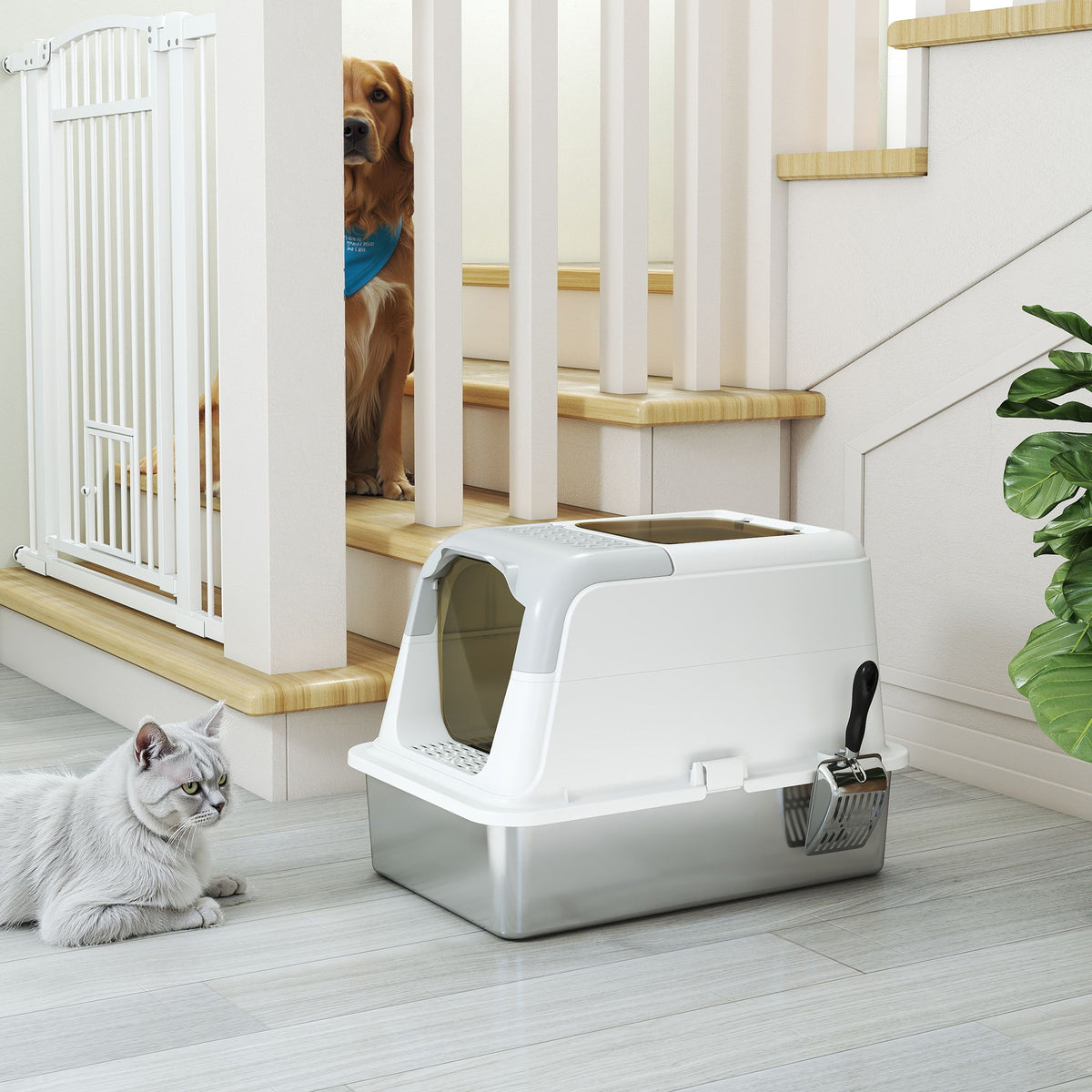 PawHut Katzenklo, Katzentoilette mit Deckel, Streuschaufel, vorne Eingang und ober Ausgang Edelstahl bis 15 kg