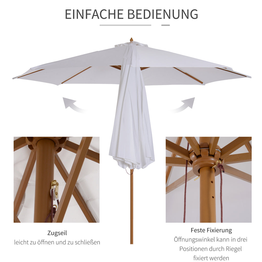Outsunny Sonnenschirm Ø 300 cm, Sonnenschirm mit UV Schutz Balkonschirm aus Holz Strandschirm stabil Marktschirm Sonnenschutz für Strand Terrasse Garten, Weiß