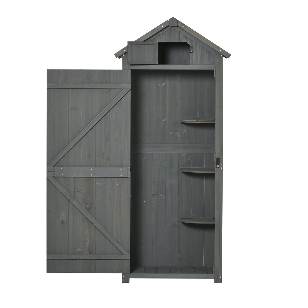 Outsunny Gartenschrank Holz, Geräteschuppen wetterfest 77x54,2x179cm, Gerätehaus mit Tür, Satteldach, Geräteschrank mit Böden, Werkzeugschrank Gartenschuppen für Garten, Terrasse, Grau+Grün