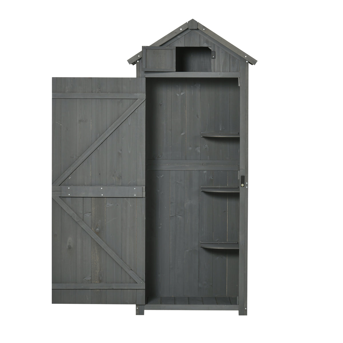 Outsunny Gartenschrank Holz, Geräteschuppen wetterfest 77x54,2x179cm, Gerätehaus mit Tür, Satteldach, Geräteschrank mit Böden, Werkzeugschrank Gartenschuppen für Garten, Terrasse, Grau+Grün