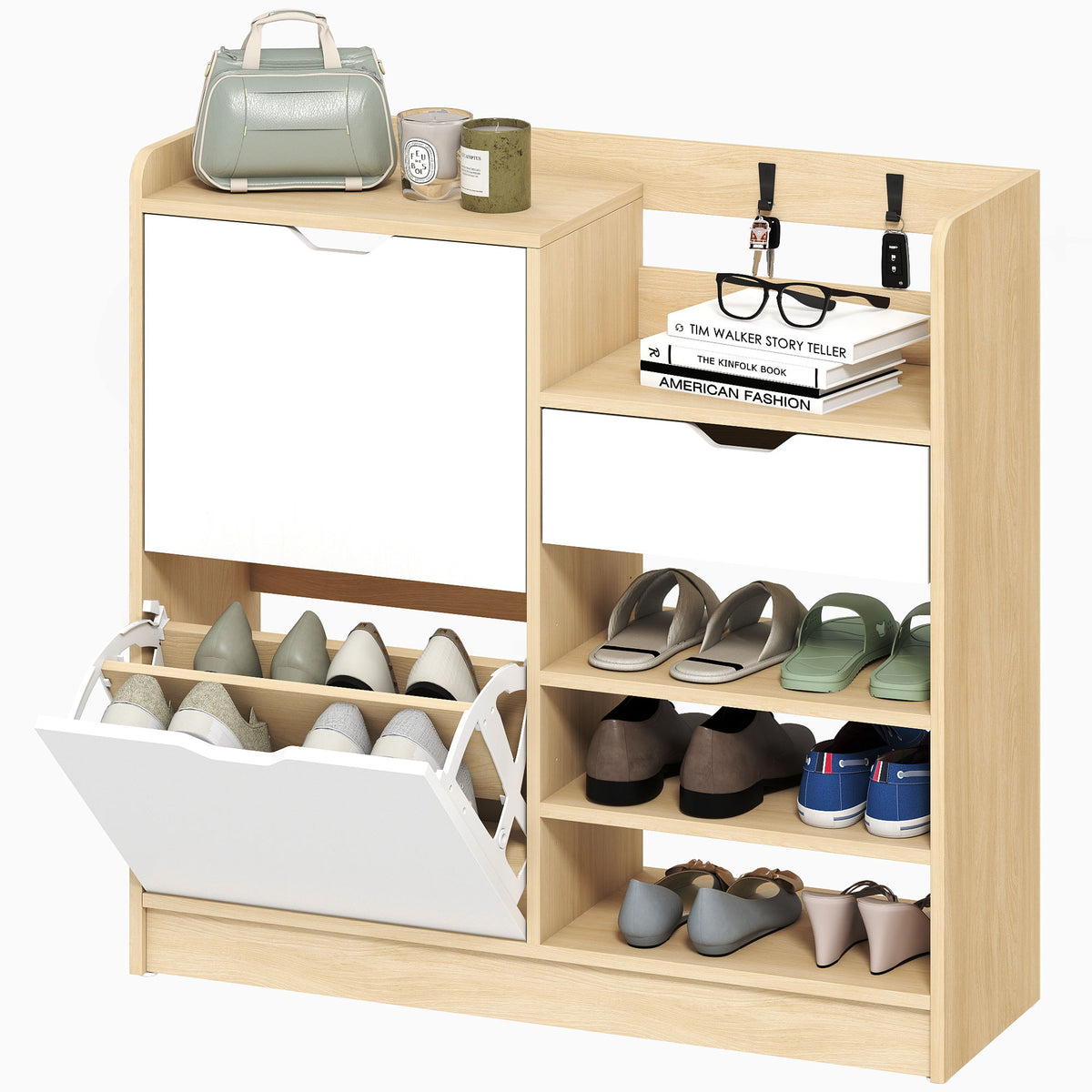 HOMCOM Schuhregal für Flur, Schuhschrank mit Kippschubladen, offenen Regalen, 4 Haken, für bis zu 14 Paar Schuhe, Natur