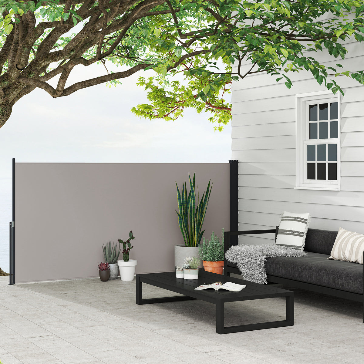 Outsunny Seitenmarkise, Seitenrollo, ausziehbar, Sichtschutz, Aluminium/Polyester, 3 x 1,4 m, Hellgrau