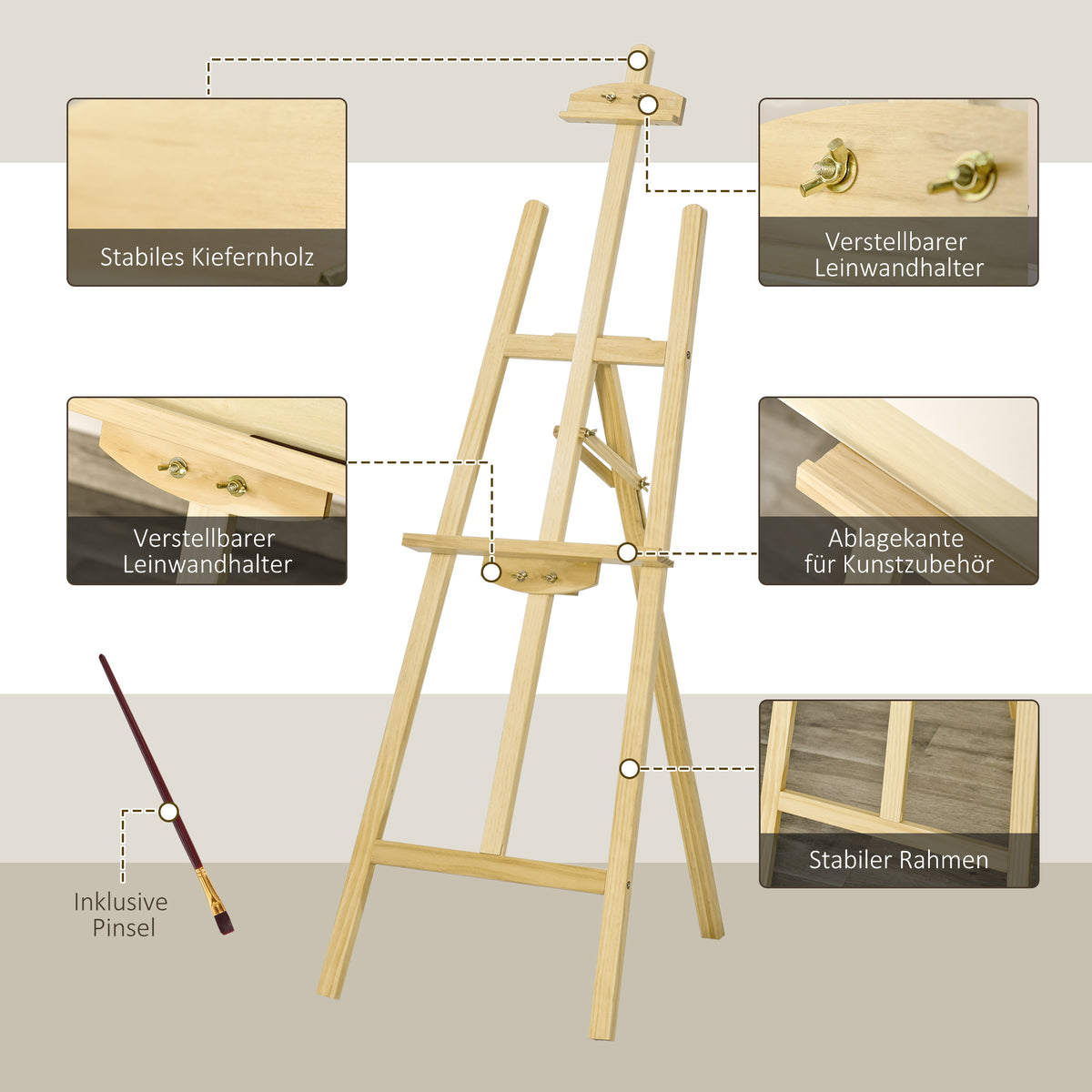 HOMCOM Staffelei Sitz- und Standstaffelei Klappbare Atelierstaffelei 75° einstellbar mit Halterung für Kunstmalerei Und Außenwerbung Kiefernholz Natur 51,5 x 71,5 x 134,5 cm