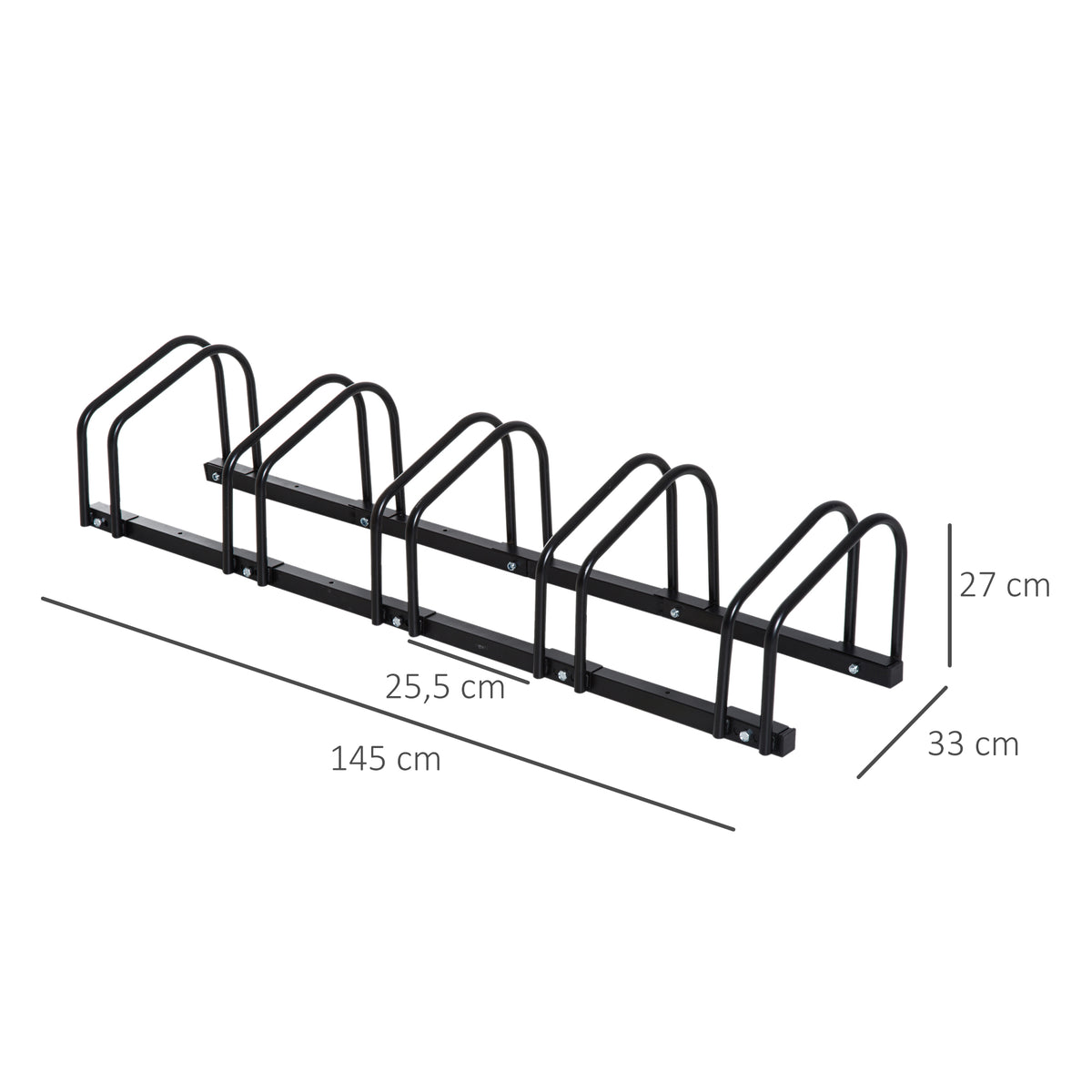 HOMCOM Fahrradständer für 5 Fahrräder, Fahrradhalterung, Fahrradabstellplatz für Reifen 65 mm, 145L x 33B x 27H cm, aus schwarzem Stahl
