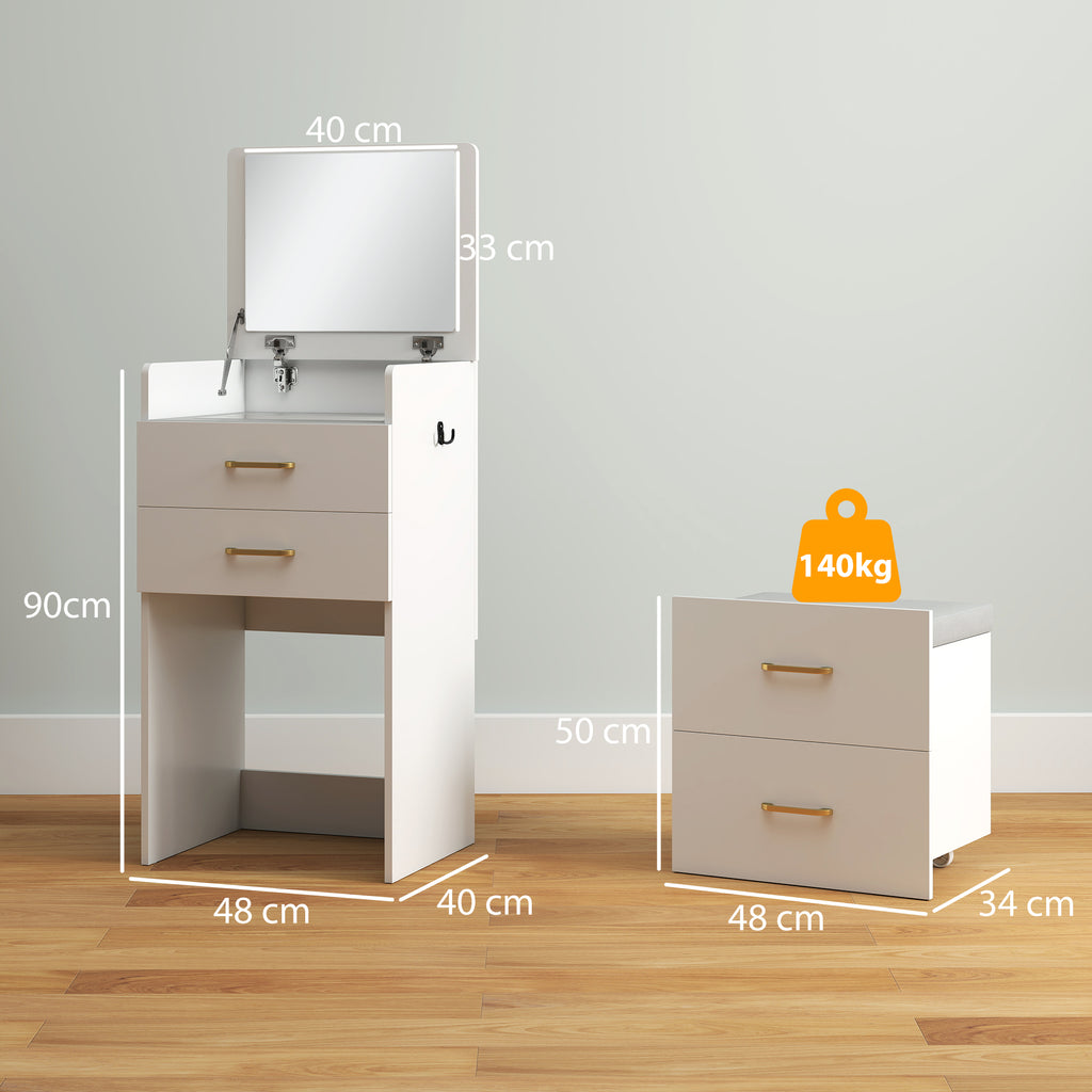 HOMCOM 3-in-1-Schminktisch mit Spiegel, Nachttisch, Rollhocker, Schubladen, Weiß