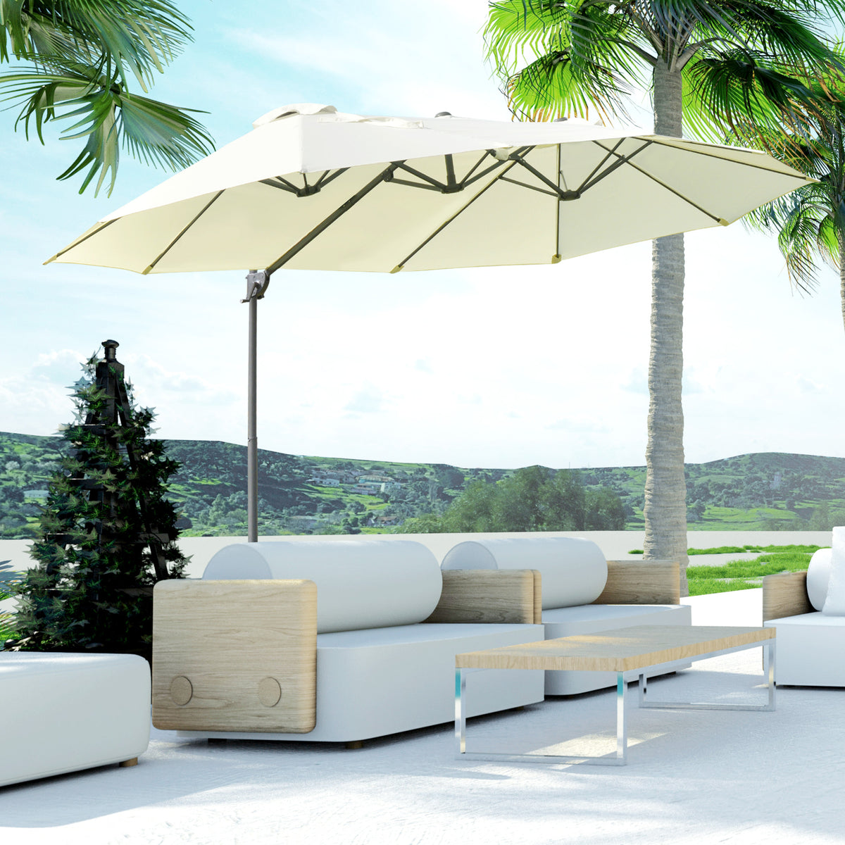 Outsunny Doppelsonnenschirm Ampelschirm Doppelschirm mit Kurbel Verstellbarer Gartenschirm Sonnenschutz Metall Cremeweiß 440 x 270 x 250 cm