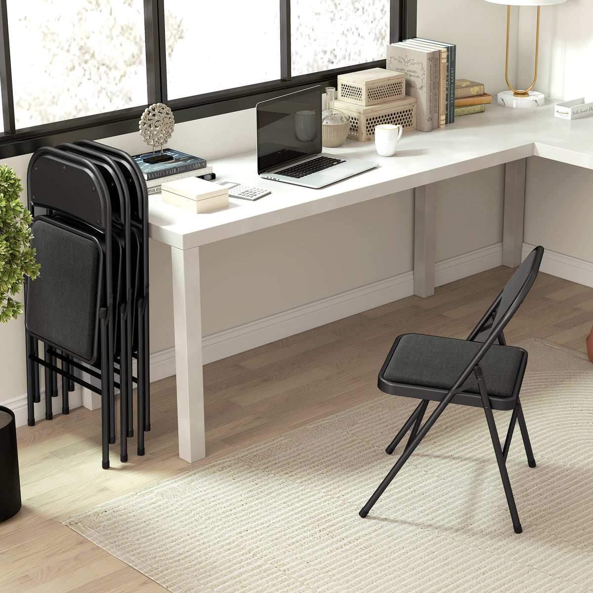 HOMCOM 4er-Set Klappstühle, Tragbare Bürostühle, Metallbeine, Faltstuhl für Büro, Empfang, Wartezimmer, Leinenoptik, Schwarz
