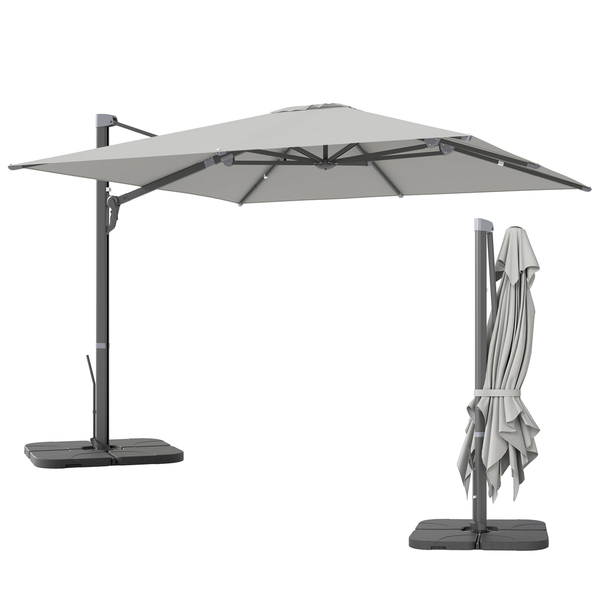 Outsunny Alu Ampelschirm 3 x 3 m 360° drehbar Sonnenschirm mit Kurbel Ständer Windschutz Hellgrau