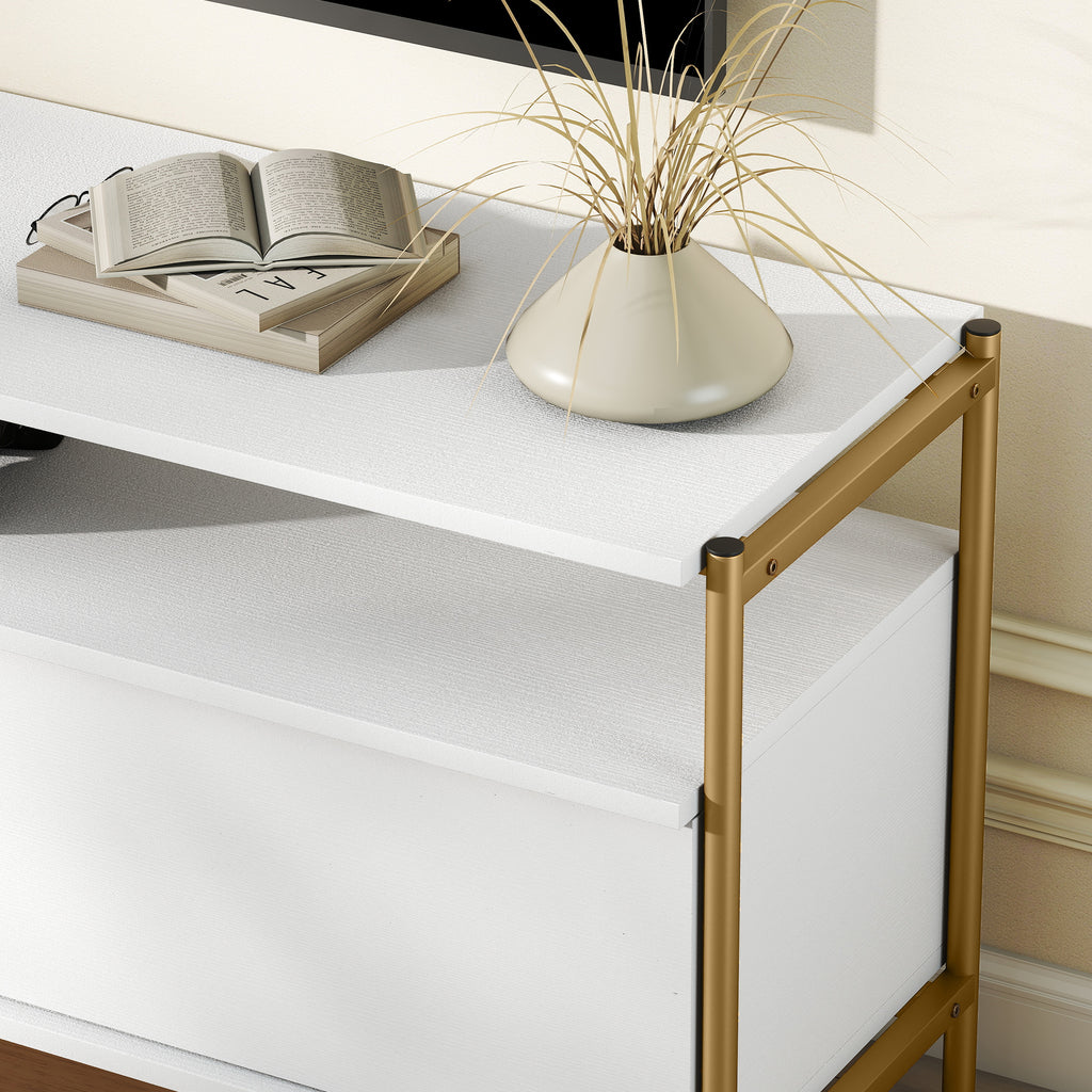 HOMCOM TV-Möbel TV-Rack für Fernseher bis 55 Zoll mit 2 Klappentüren und offenem Regal, 124x35x50cm, Weiß