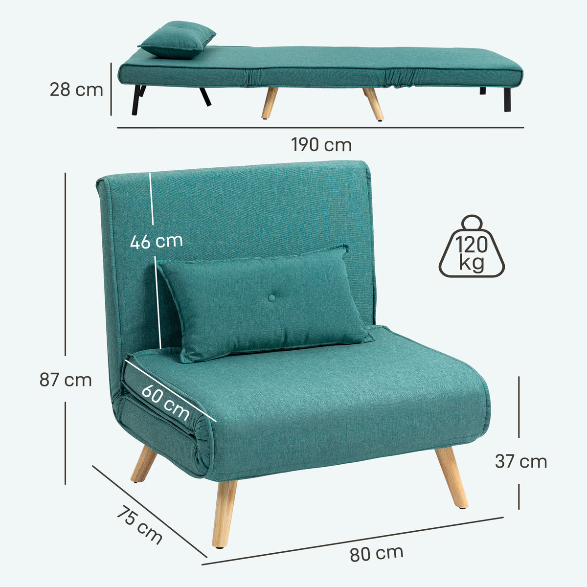 HOMCOM Einzelsessel Schlafcouch Klick-Klack 4 in 1 mit verstellbarer Rückenlehne in 5 Positionen, inkl. Kissen, Grün
