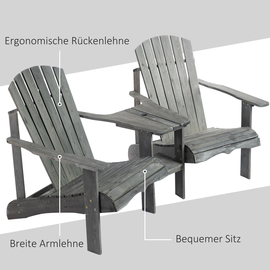 Outsunny Adirondack Gartenstuhl mit Tisch und Schirmloch 2 Sitzer Gartensessel Sitzgruppe Gartenmöbel für Balkon Massivholz Grau 178 x 87 x 92 cm