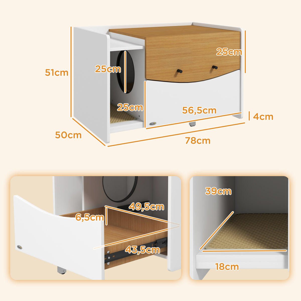 PawHut Katzentoilette, ausziehbar, Schrankdesign, Streufach, 78x50x51cm, Eiche/Weiß