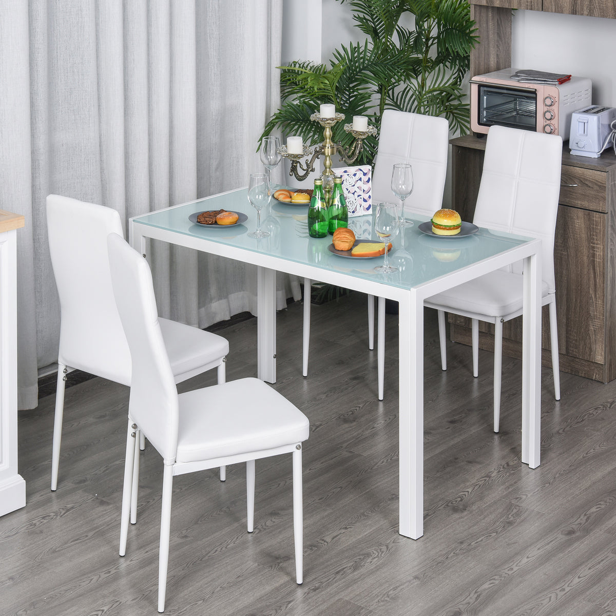 HOMCOM Esszimmer-Set mit Esstisch und Stühlen für 4 Personen, rechteckige Glasplatte, für Küche Wohnzimmer Zuhause, Weiß