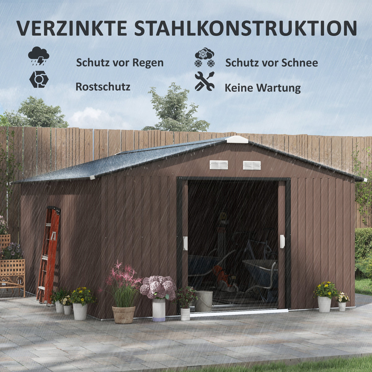 Outsunny Geräteschuppen, Wetterfestes Gartenhaus für Gartengeräte, mit Belüftungsfenstern, Schiebetüren, Stahl, Braun
