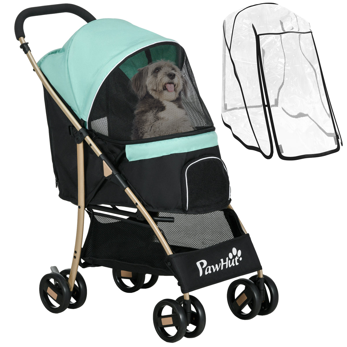 PawHut Hundekinderwagen für kleine Hunde zusammenklappbar mit Regenabdeckung, Korb und integrierter Leine, Grün