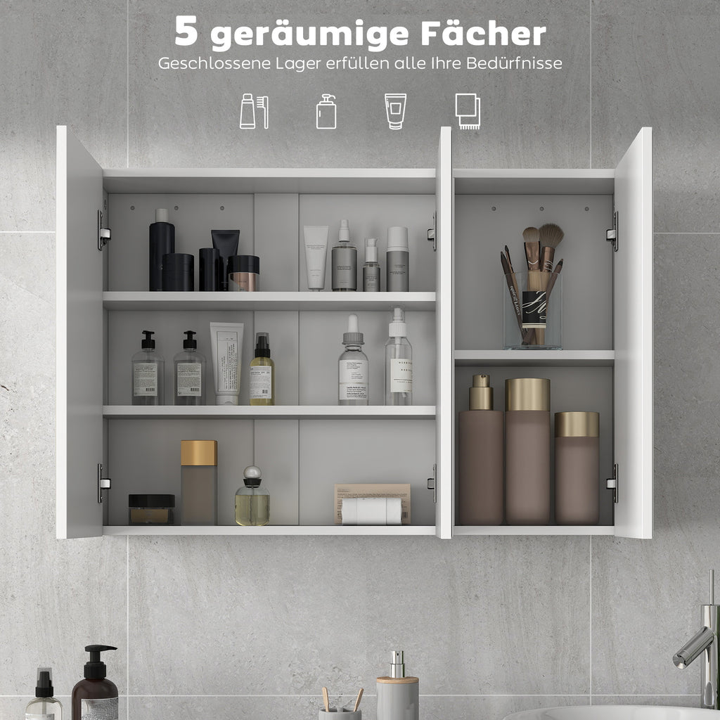 HOMCOM Badezimmerspiegelschrank, Badschrank mit 3 Spiegeltüren, Wandmontage, 90 x 15,5 x 60 cm, Spanplatte, Weiß