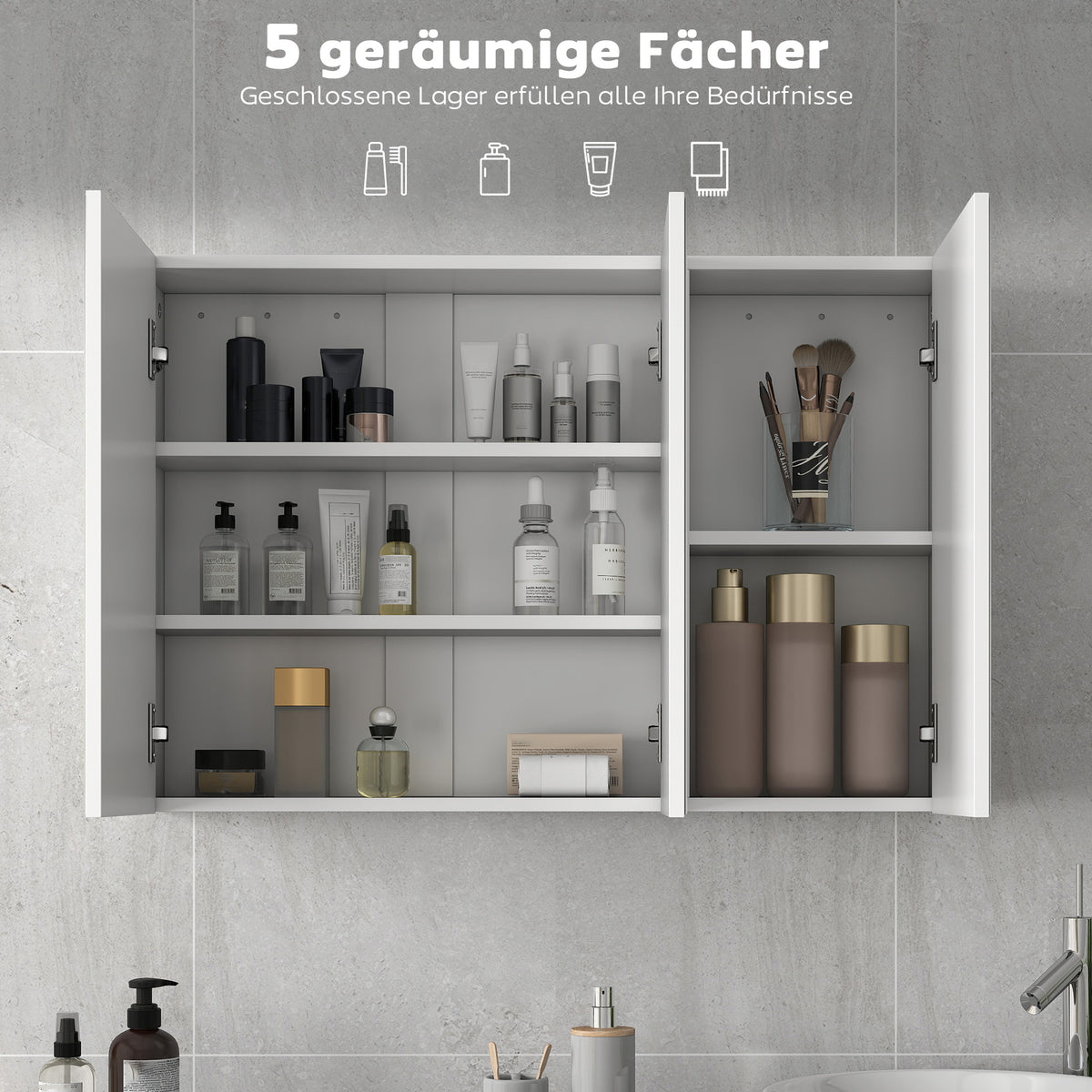 HOMCOM Badezimmerspiegelschrank, Badschrank mit 3 Spiegeltüren, Wandmontage, 90 x 15,5 x 60 cm, Spanplatte, Weiß
