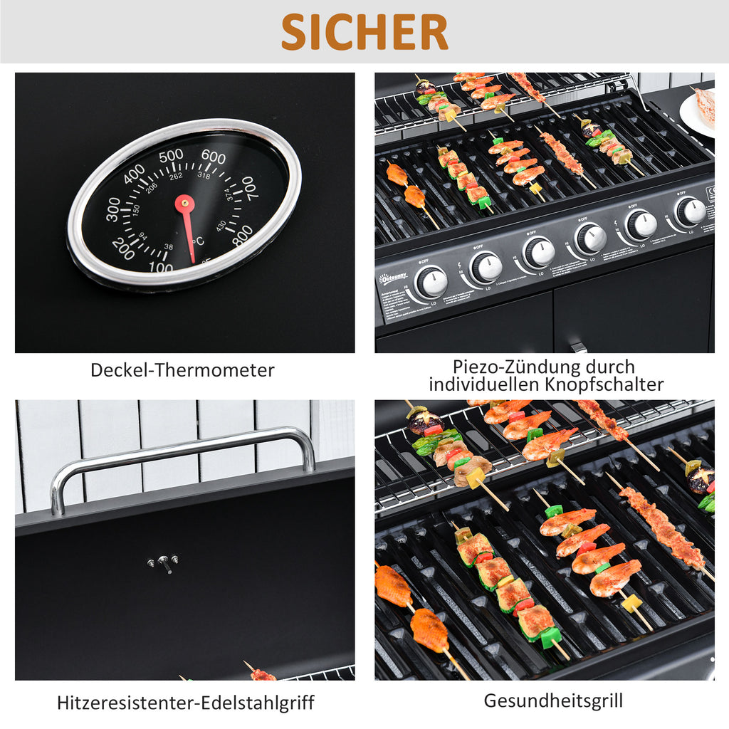 Outsunny Gasgrill mit 7 Brennern, inkl. Thermometer,  BBQ -Grill, mobiler Grill, Schwarz