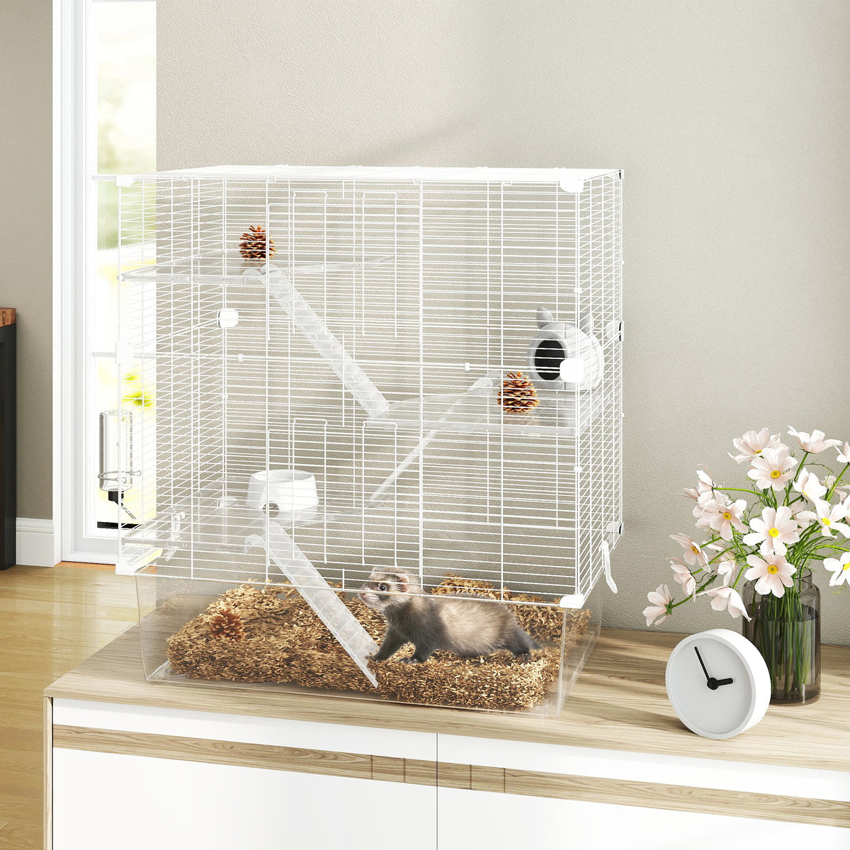 PawHut Nagerkäfig Mehrstöckig mit Zubehör, aus Stahl, PET und PS, 73x47x80 cm, Weiß