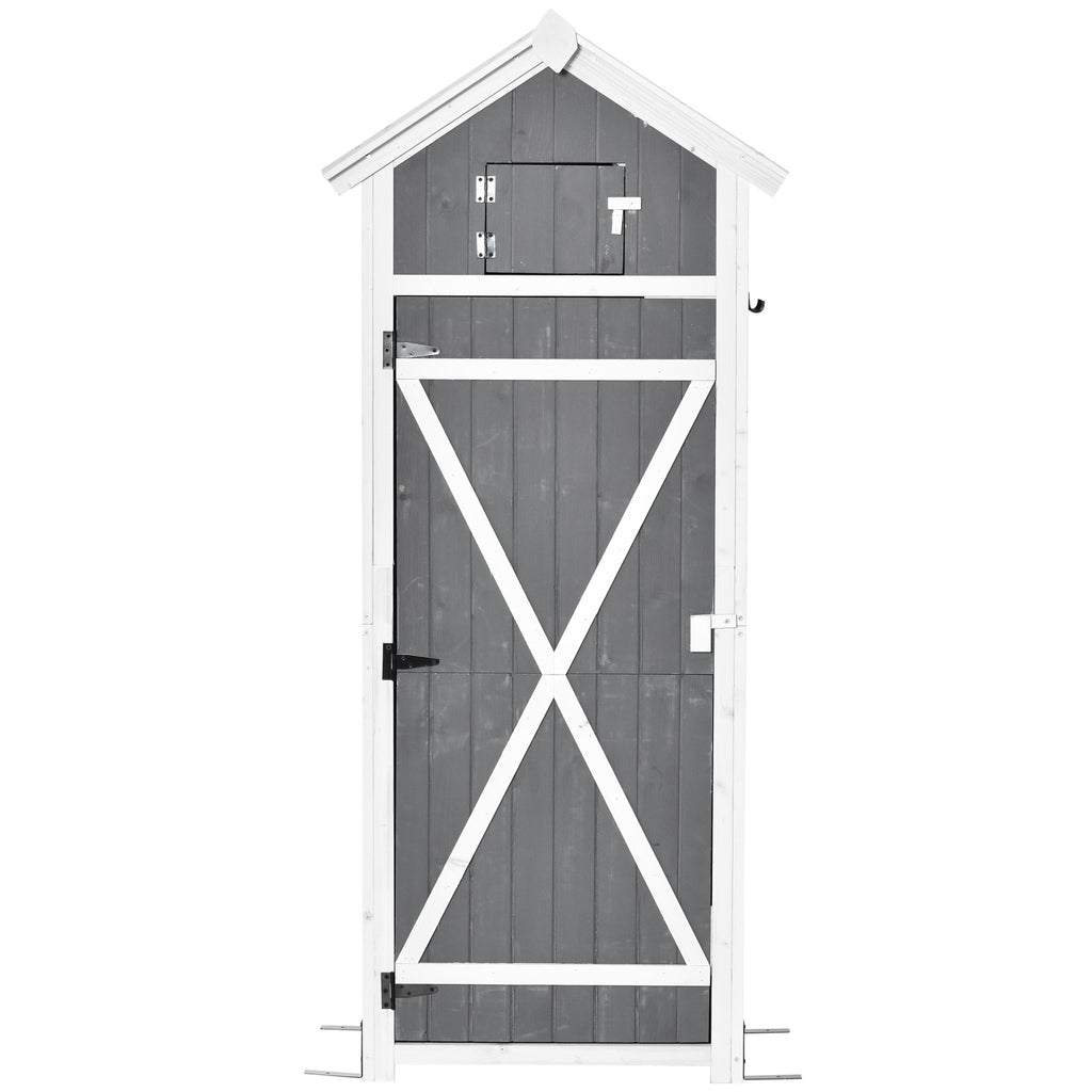 Outsunny Gartenschrank Holz, Geräteschuppen wetterfest 78x52,5x182cm, Gerätehaus mit Tür, Satteldach, Geräteschrank mit Haken, faltbar Tisch, Werkzeugschrank Gartenschuppen für Garten, Terrasse, Grau