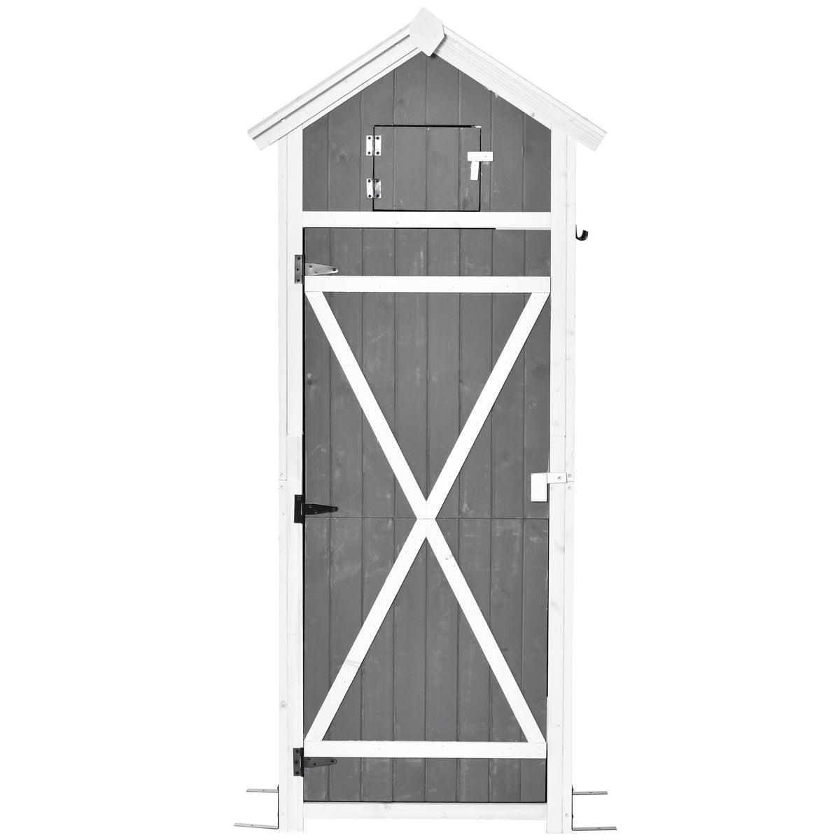 Outsunny Gartenschrank Holz, Geräteschuppen wetterfest 78x52,5x182cm, Gerätehaus mit Tür, Satteldach, Geräteschrank mit Haken, faltbar Tisch, Werkzeugschrank Gartenschuppen für Garten, Terrasse, Grau