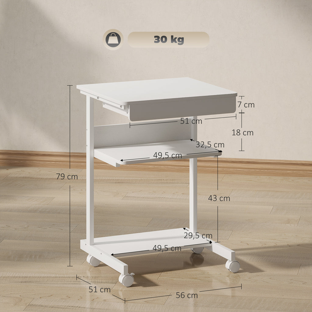 HOMCOM Computertisch auf Rollen, Schreibtisch mit Stauraum 56 x 51 cm mit Schublade, Fach und CPU, Weiß