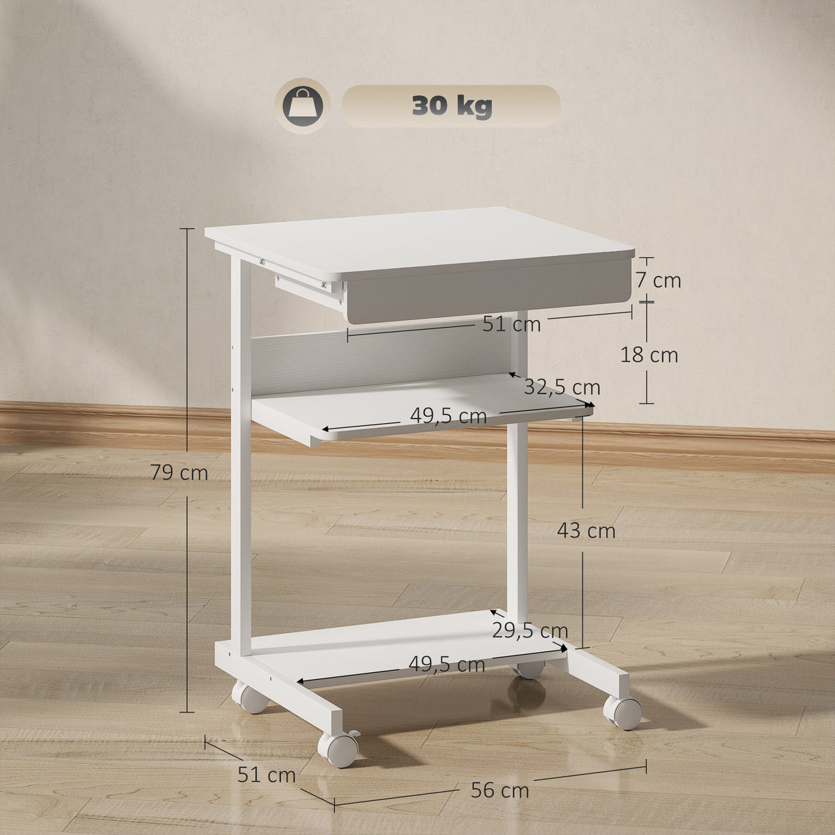 HOMCOM Computertisch auf Rollen, Schreibtisch mit Stauraum 56 x 51 cm mit Schublade, Fach und CPU, Weiß