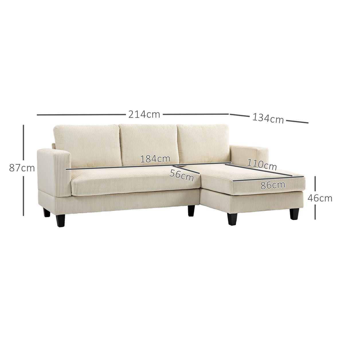 HOMCOM Ecksofa aus Rippvelours, 3-Sitzer Sofa mit Ottomane und dick gepolstertem Federkissen, Breite 214 cm, Beige