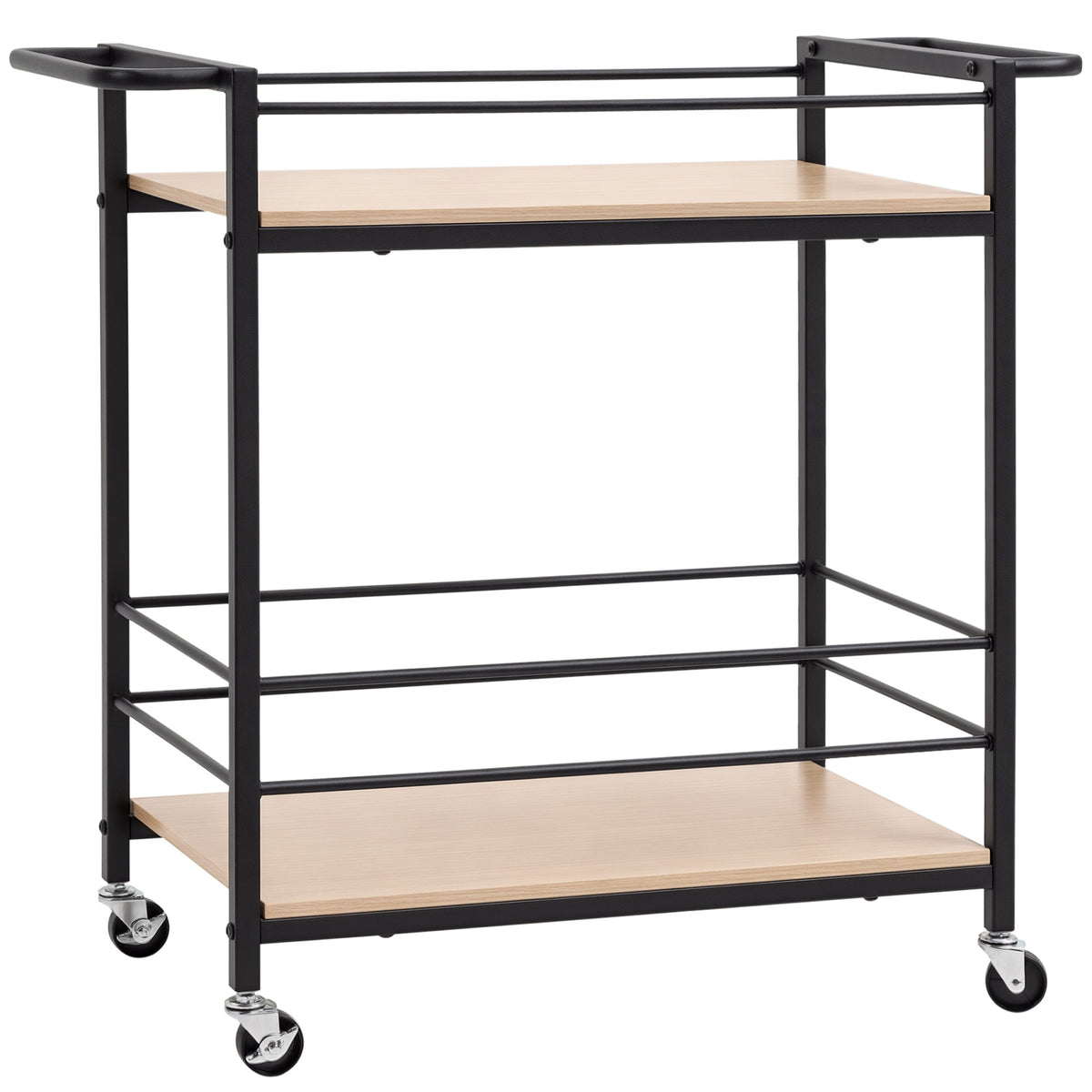 HOMCOM Küchenwagen Servierwagen mit 2 Ablagen, Reling, Stahl, Schwarz+Holz 82 x 40 x 75cm