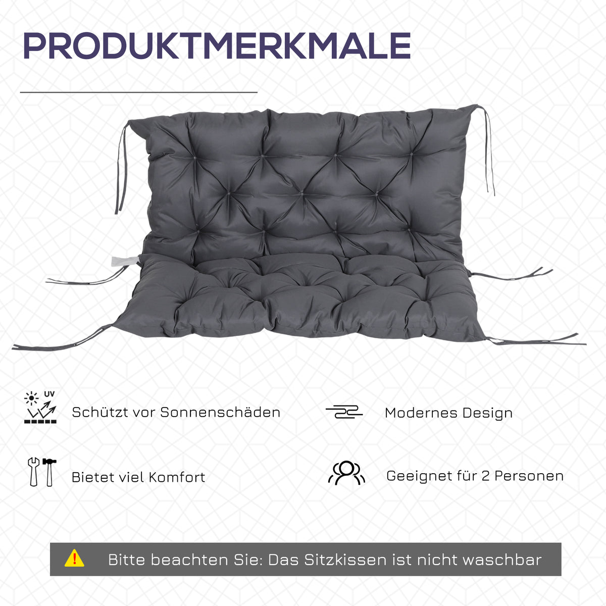 Outsunny 2 Sitzer Bankauflage 100 x 98 x 8 cm Sitzkissen mit Bändern Rückenkissen für Indoor/Outdoor Polster Auflage für Sitzbank Gartenbank Gartenmöbel Hollywoodschaukeln Dunkelgrau