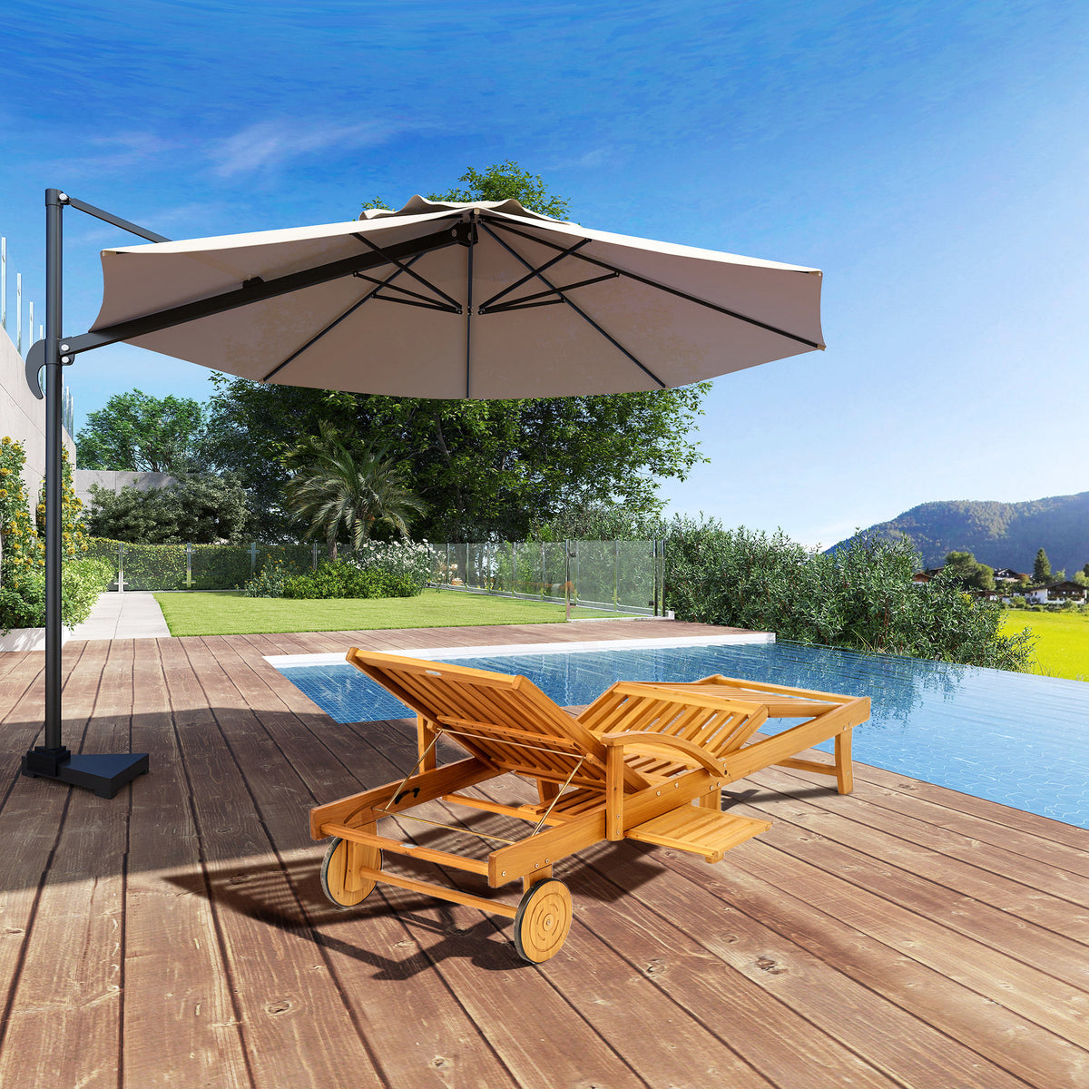 Outsunny Sonnenliege Holz klappbar Gartenliege mit Seitentisch, Rolle, 4-Fach verstellbare Rückenlehne Teak