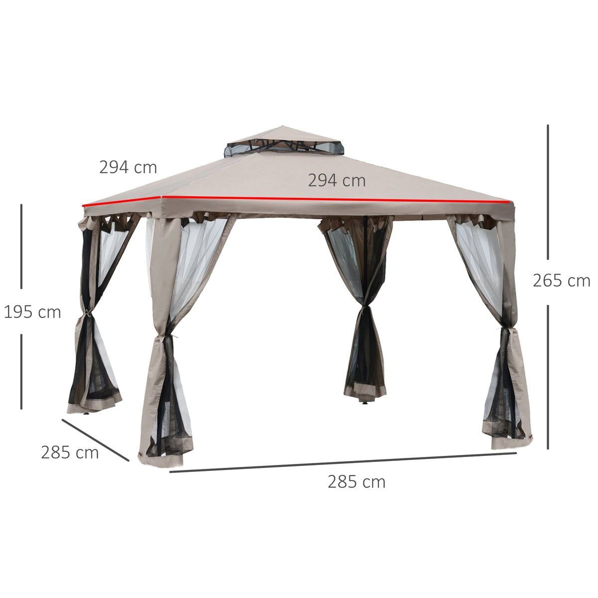 Outsunny Gartenpavillon Pavillon Gartenzelt Festzelt Partyzelt mit 4 x Seitenwand wetterfest Metall + Polyester Grau 2,94 x 2,94 x 2,65 m