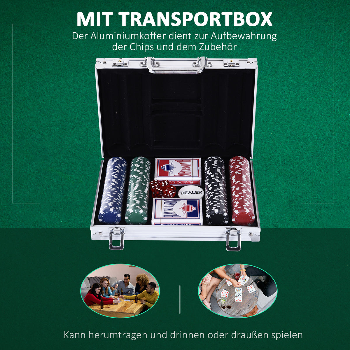 HOMCOM Pokerkoffer Pokerset 200 Pokerchips 2xKartenspiel 5xWürfel 1xAlukoffer Poker Set Jetons Koffer Alu+ Polystyrol 29,5x20,5x6,5 cm