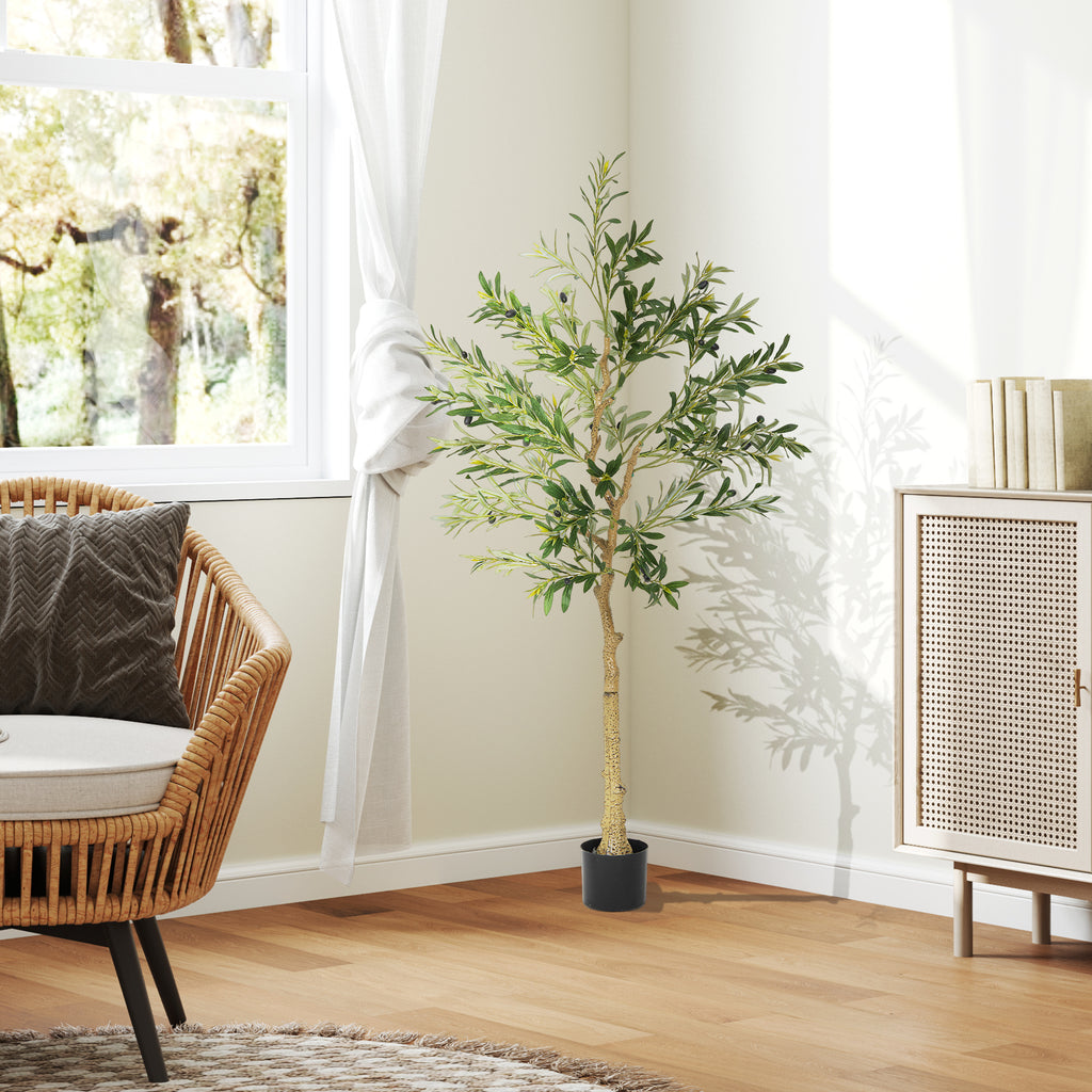 HOMCOM Kunstpflanze, Künstlicher Olivenbaum, 150 cm, 720 Blätter, 40 Oliven, stabiler Blumentopf, Dekorationspflanze, Grün