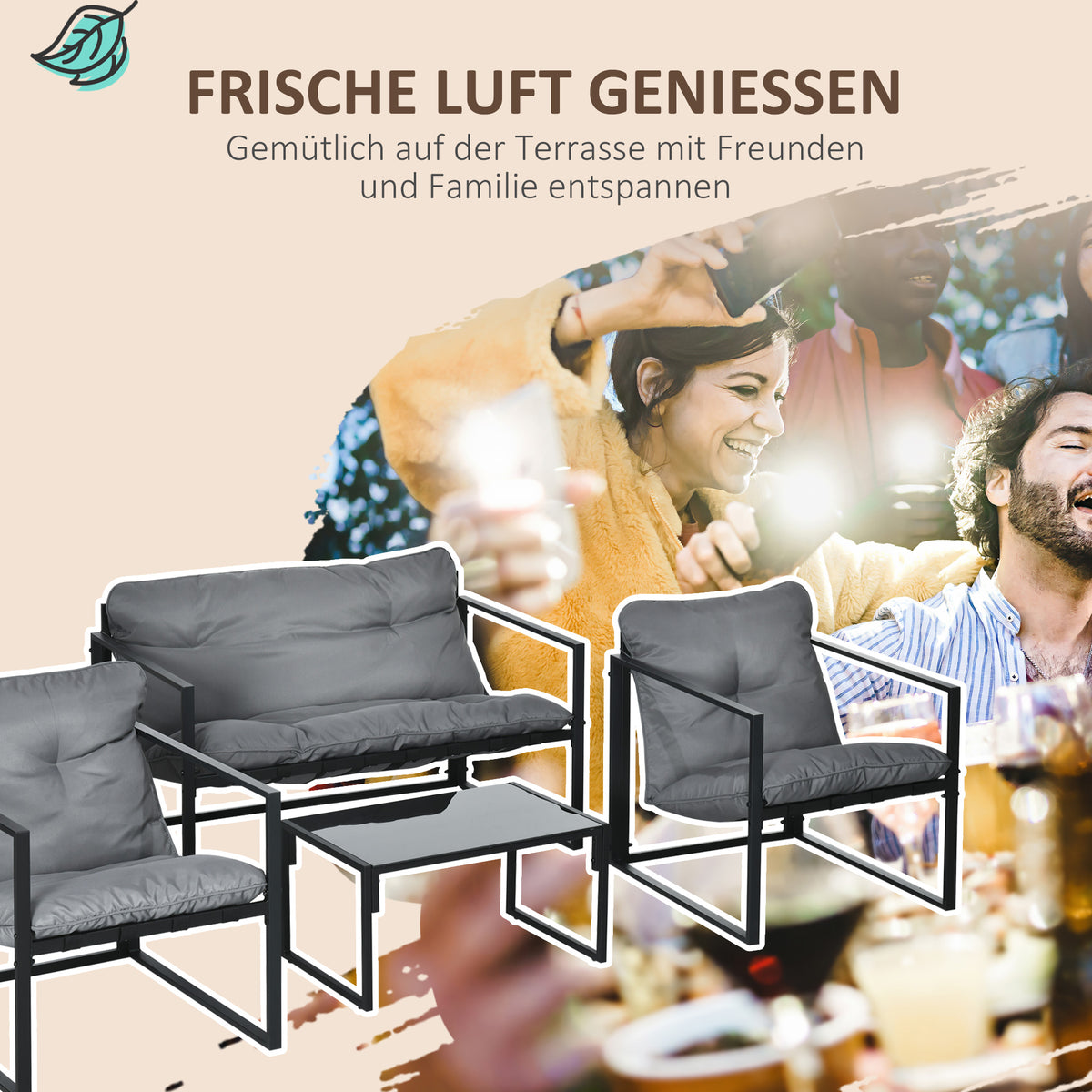 Outsunny Gartenmöbel-Set, 1 Glastisch, 2 Sessel. 1 Sofa, wetterbeständig,114 cm x 70 cm x 67 cm, Grau+Schwarz