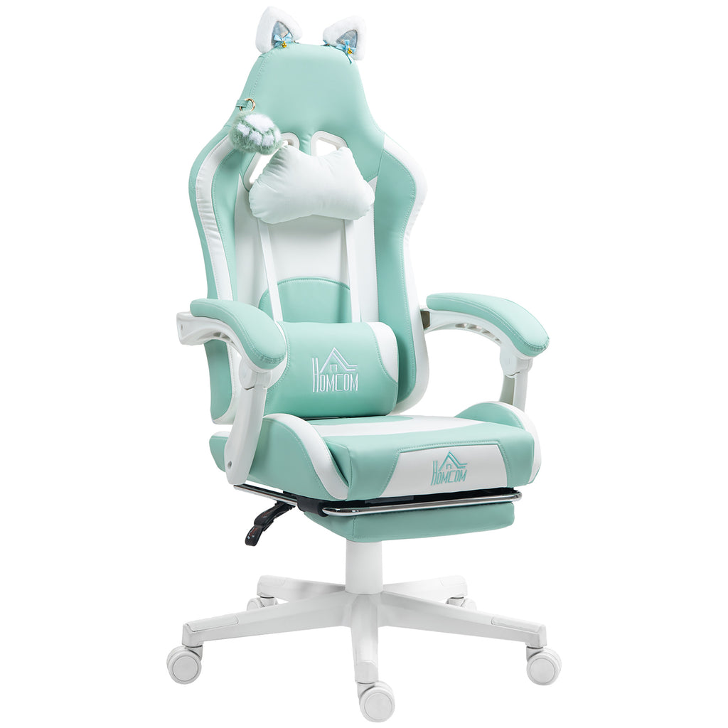HOMCOM Reclinabile Gaming Stuhl mit Fußstütze und Kissen, in Kunstleder und Schwamm, 65x62x116-124 cm, Weiß und Blau